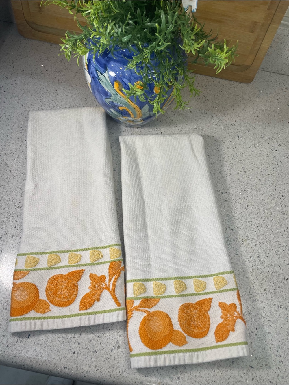 Vintage White Kitchen Towels with Embroidered Orange Citrus Border - Picture 3 of 10